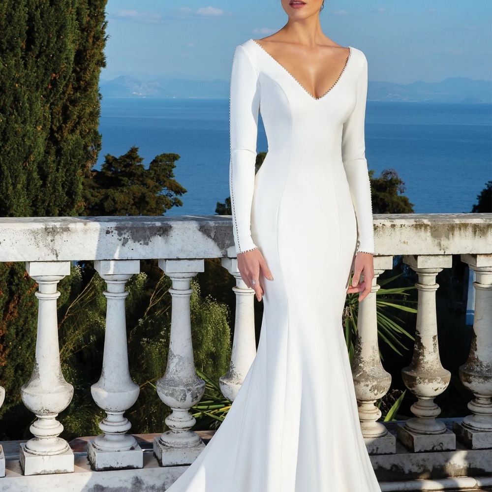 Justin Alexander 88128 Fit And Flare Jersey Crepe Gown Long Sleeve